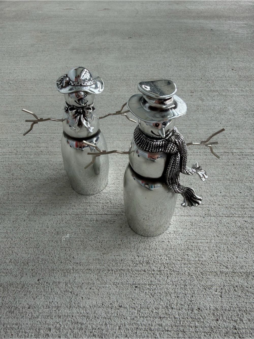 Set of 2 Silver Snowman Figurines Christmas Winter Holiday Decor 6” 6.5”